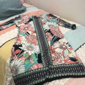 London Times Floral Dress Aqua and Pink 3/4 Sleeve Stretch Sheath Shift Size 12